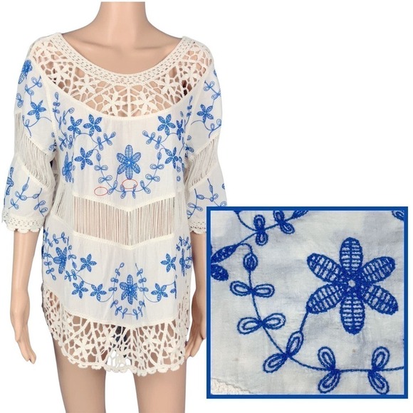 Oliver Crochet Embroidery Tunic Floral Top Blue‎ Cream Cotton Womens Size Medium - Picture 7 of 8